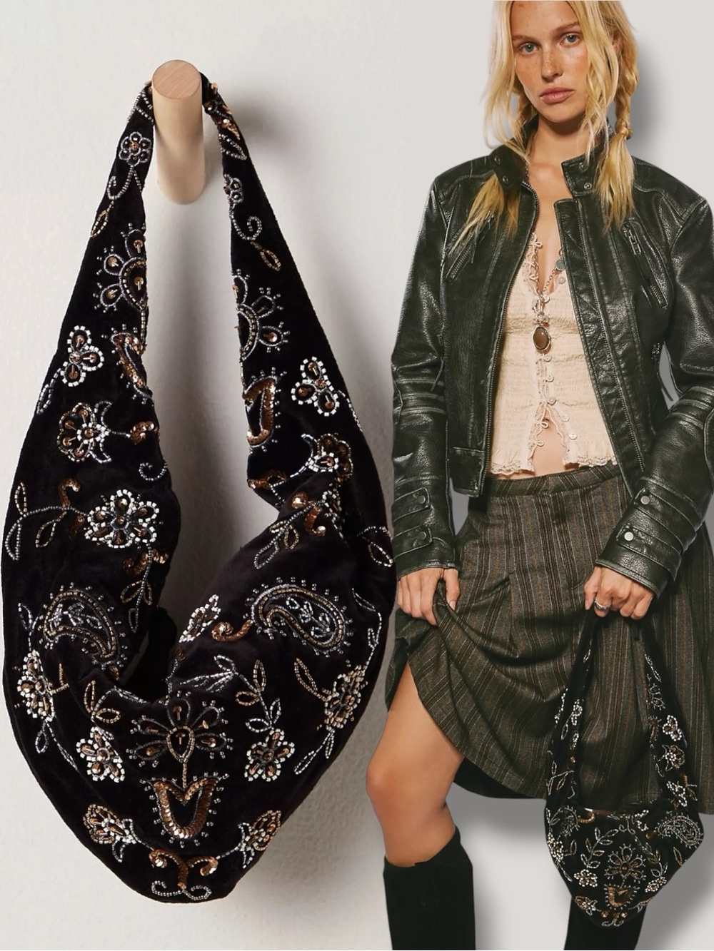 Free People Bohemian Witchy Nashville Nights Beaded Velvet Bag Black NWT Evening